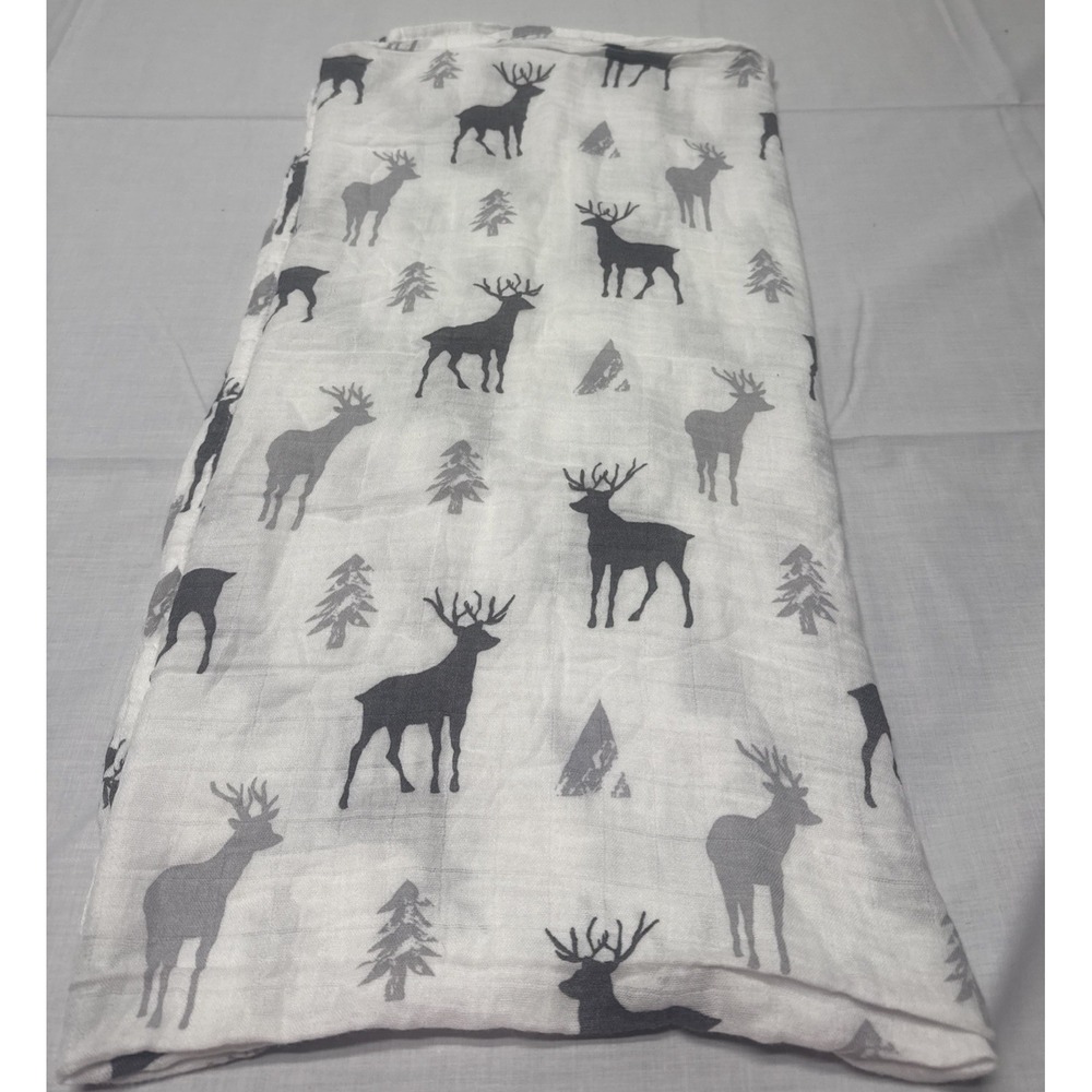 Synpos Tree Deer Print Baby Swaddle Blanket Gray White Bamboo Cotton Blend